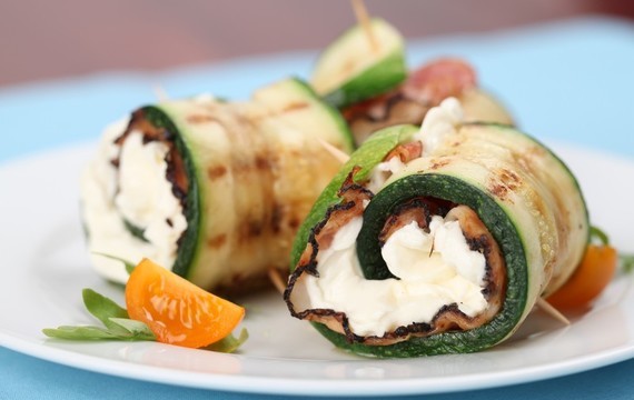 Grilled zucchini rolls stuffed with bacon cheese